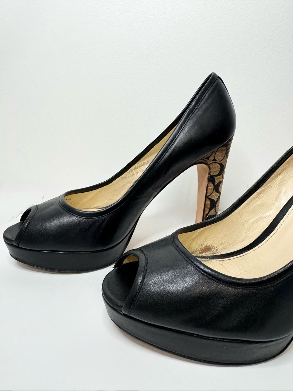 Coach Black Leather Pumps with Signature Monogram Heel - Picture 8 of 16